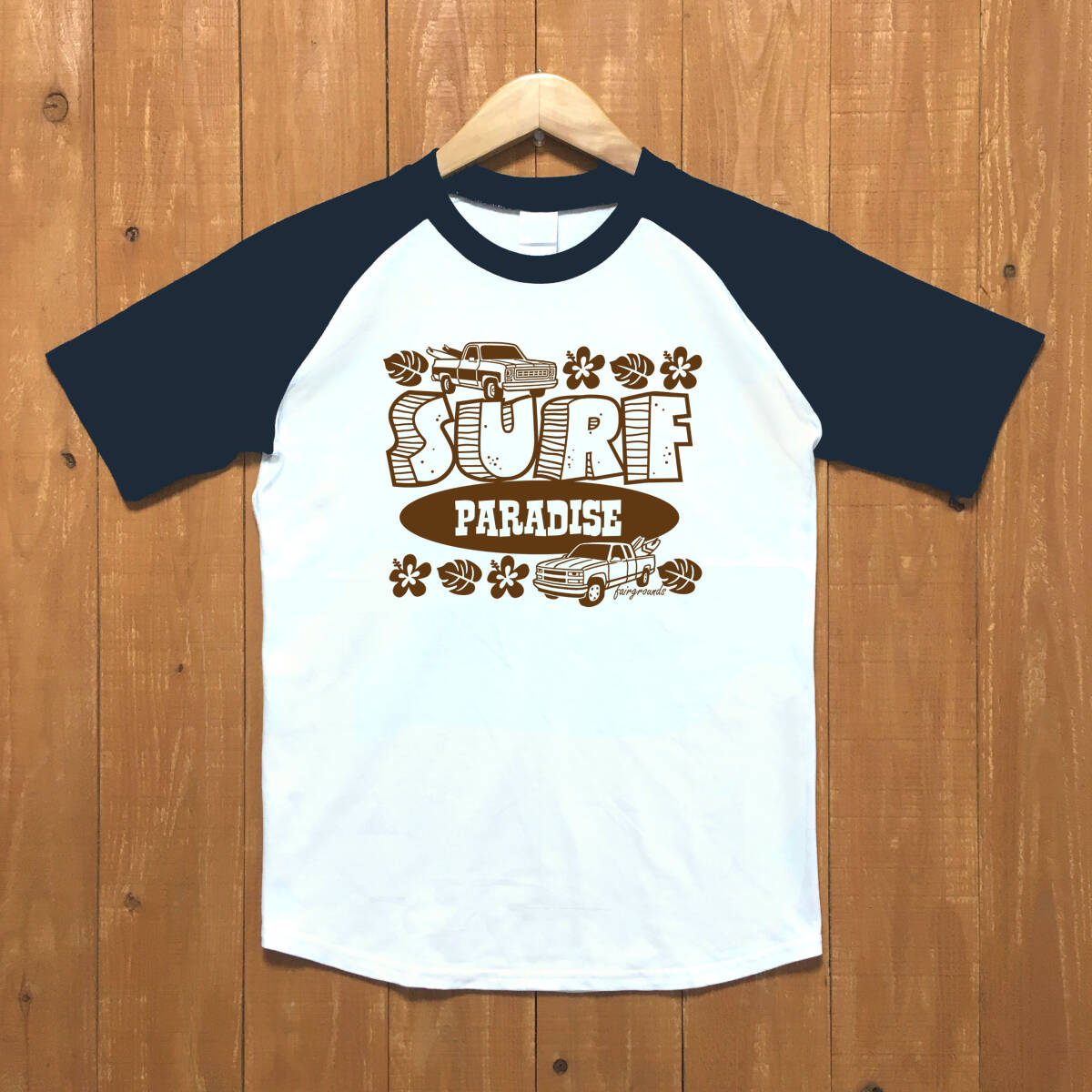 ■ SURF PARADISE ラグランTシャツ■Mサイズ(ネイビー袖xブラウン)アメ車 シボレー サーフィン カリフォルニア ハワイ CHEVROLET拍卖