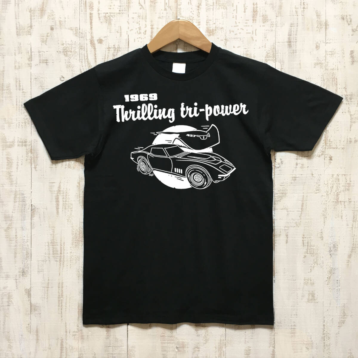 ■ TRI-POWER Tシャツ■Mサイズ(ブラックxホワイト)アメリカ アメ車 シボレー コルベット CHEVROLET CORVETTE STINGRAY拍卖