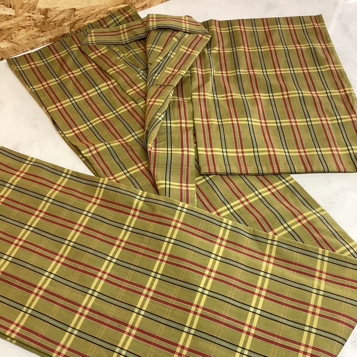 和装 着物 グリーン系 チェック柄 シンプル カジュアル レトロ(ぬ39)拍卖