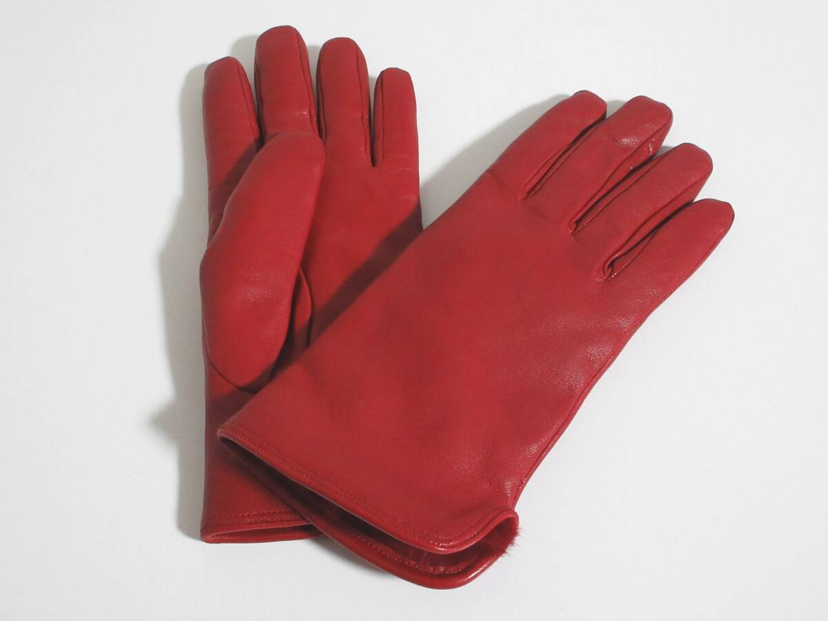 ラビットファー レザー グローブ 手袋 レディース 7 レッド yg7107拍卖
