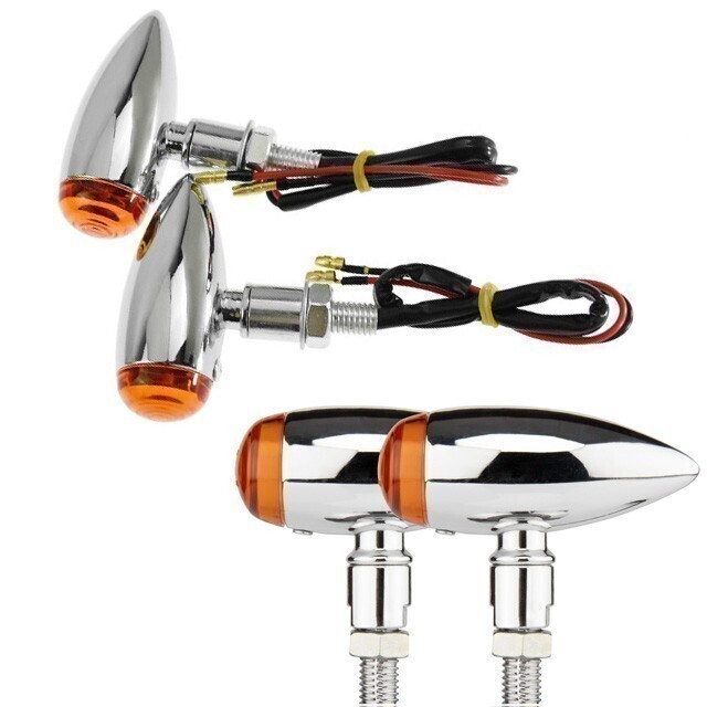 即決新品/バイク 金属製 汎用 ウインカー 4個セット 1台分 銀 メッキ 砲弾型 メタル 12V ハロゲン SR400 SR500 SRV250 VMAX XSR700 XV125拍卖