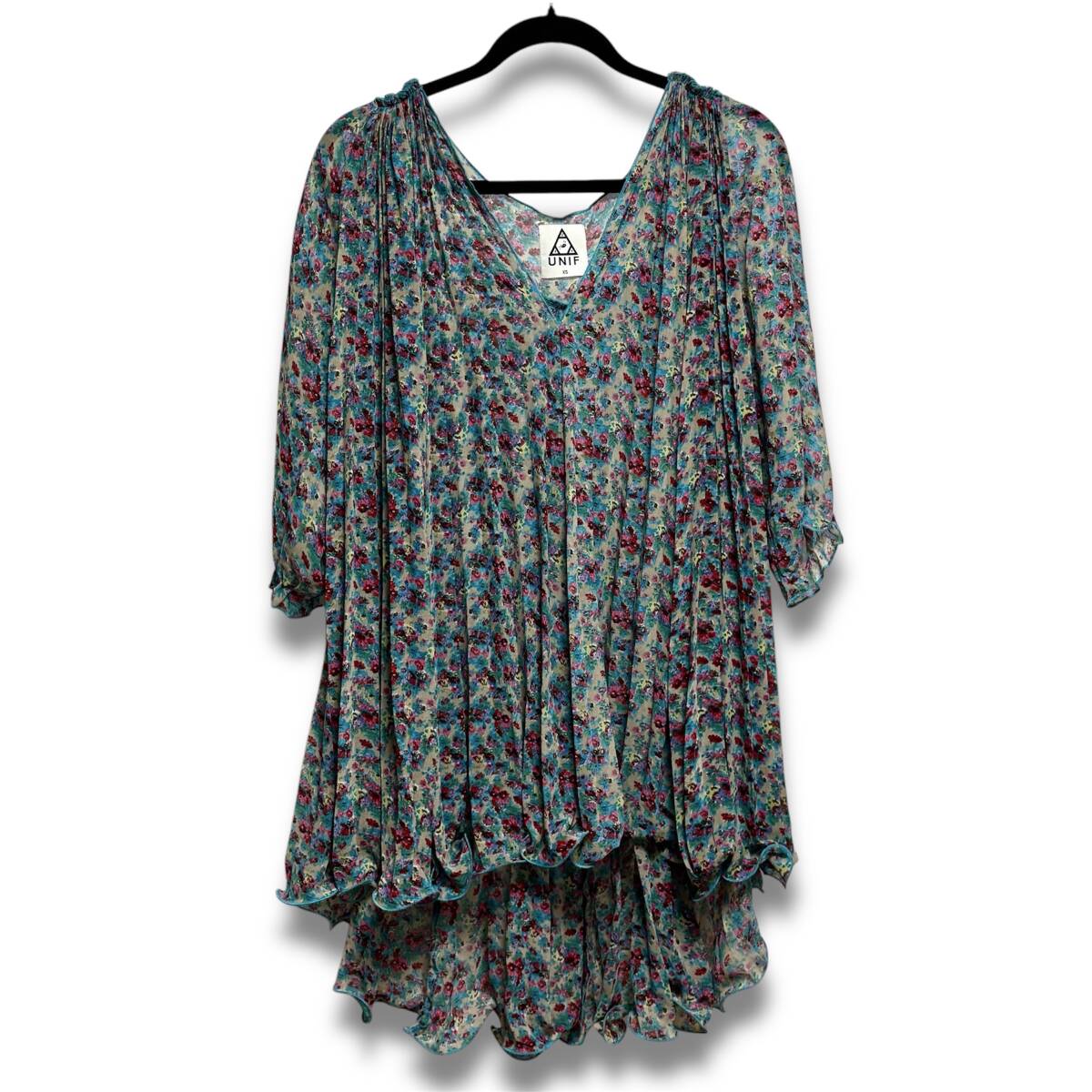 美品 UNIF ユニフ フラワー プリント シフォン チュニック リバティ柄 花柄 ブラウス ワンピース サイズ XS マルチカラー拍卖