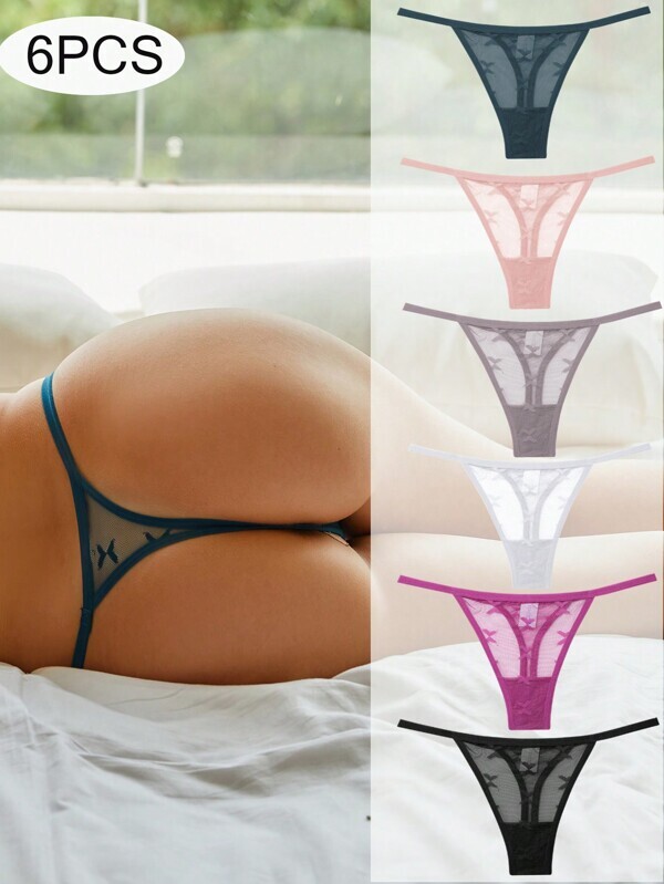 インティメート ショーツ 無地のバタフライ柄レース ストリング6枚セット、薄いウエストバンド、セクシーな女性用ランジェリー拍卖