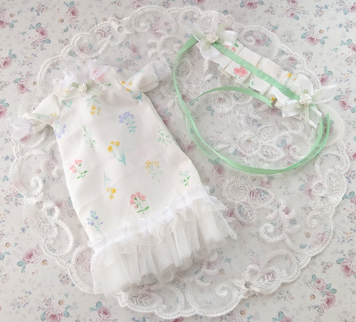 *幼SD等に 1/6サイズ お洋服 OF Aライン ワンピース セット*【White Green】拍卖