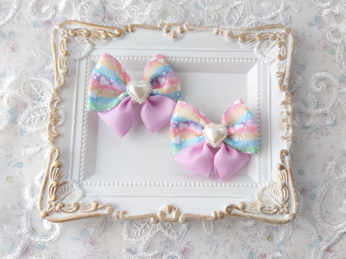 *幼SD~SD等 1/6~1/3サイズ ドール用 ヘアクリップ ヘアアクセサリー ヘアリボン 2点セット*【Rainbow Heart】拍卖