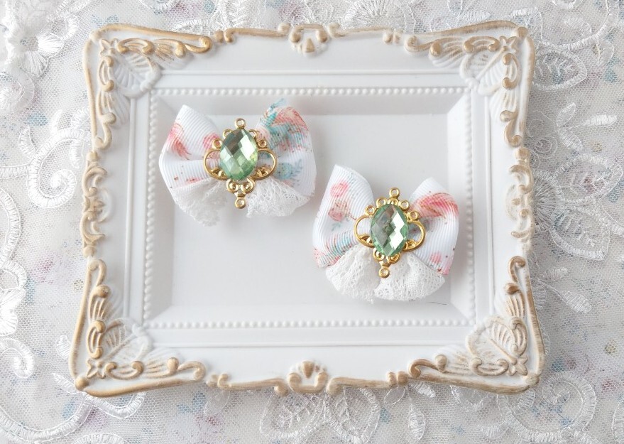 *幼SD~SD等 1/6~1/3サイズ ドール用 ヘアクリップ ヘアアクセサリー ヘアリボン 2点セット*【Lace Peridot】拍卖