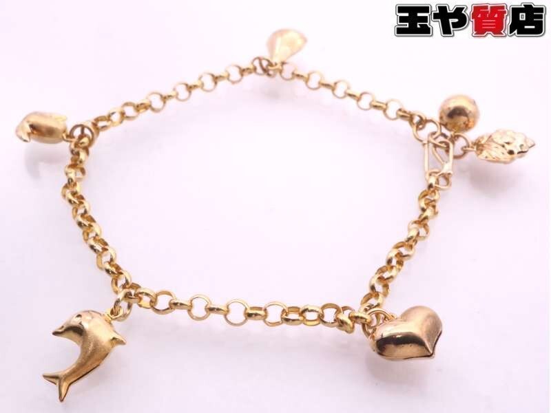 ハート ストロベリー イルカ 鳥 チャーム ブレスレット K18YG イエローゴールド拍卖