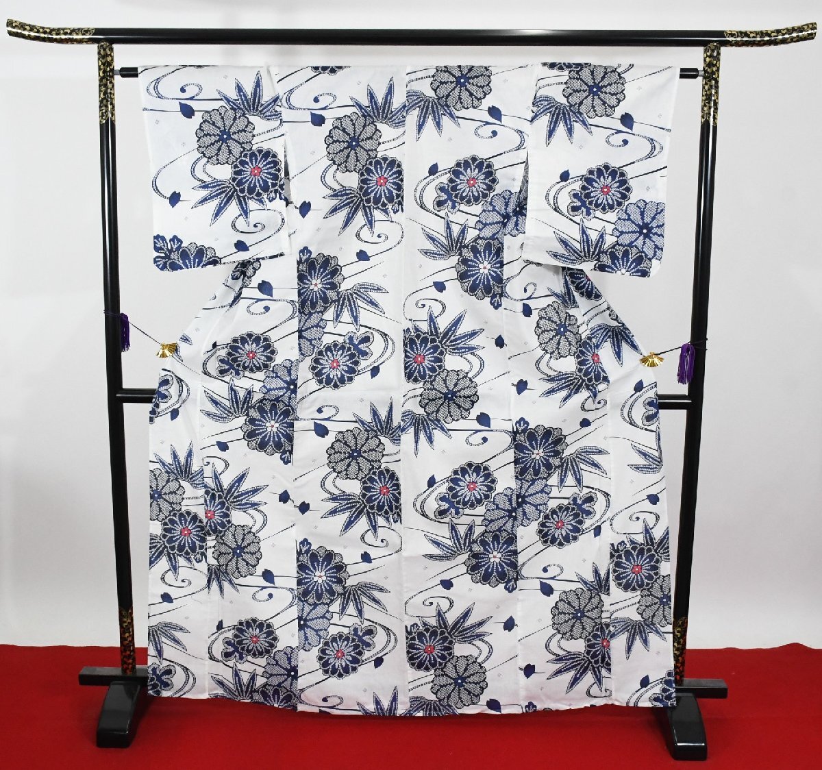 浴衣 女性用 着物 祭り 夕涼 夏祭り レディース 笹に菊花 絞り柄 コットン 花火大会 身丈160cm 裄丈65cm ★着物 u-346 桜庭呉服店拍卖