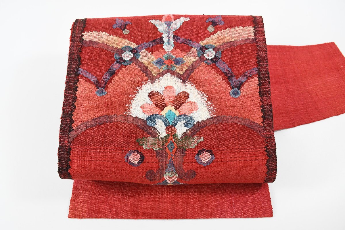 名古屋帯 紬地 幾何学模様 花 帯丈374cm ★着物屋 ne-14901 桜庭呉服店拍卖