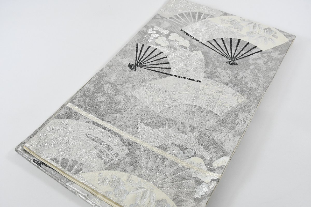 袋帯 六通柄 扇子 花 銀糸 帯丈424cm ★着物屋 ne-14939 桜庭呉服店拍卖