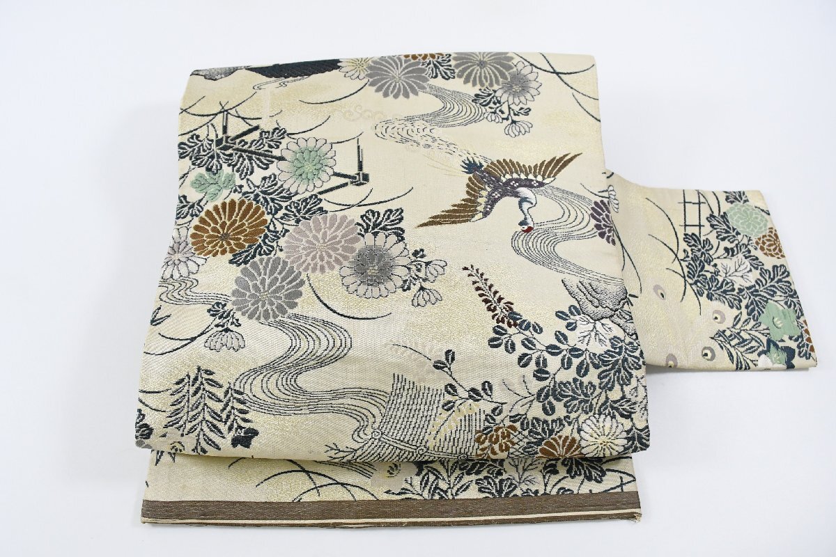 名古屋帯 アンティーク 鶴 花 帯丈362cm ★着物屋 ne-14923 桜庭呉服店拍卖