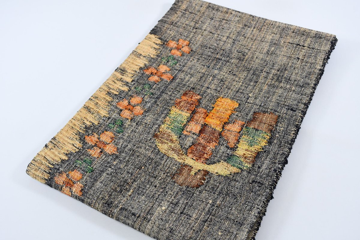 袋名古屋帯 紬地 お太鼓柄 花 帯丈362cm ★着物屋 ne-14921 桜庭呉服店拍卖