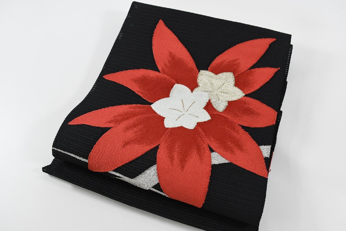 袋名古屋帯 夏帯 黒 お太鼓柄 松葉仕立て 花 帯丈346cm ★着物屋 ne-15851 桜庭呉服店拍卖