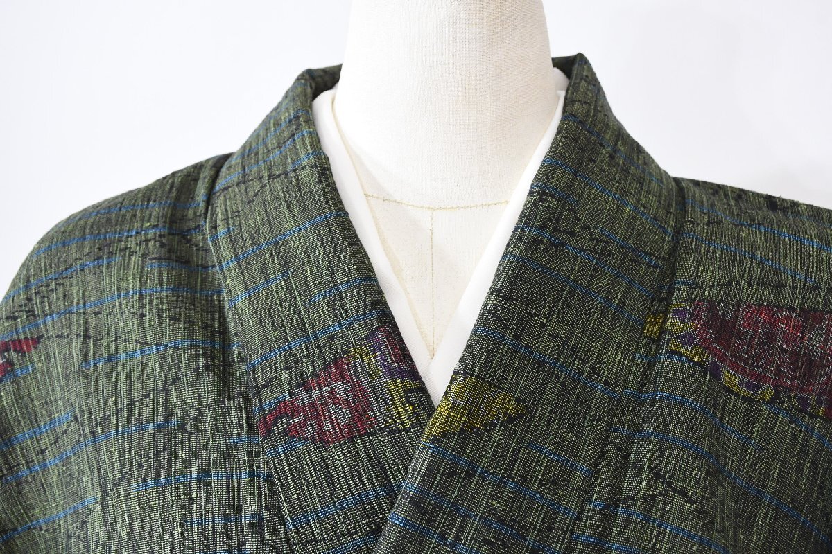 紬 つむぎ 葉っぱ 単衣 正絹 身丈152cm 裄丈64cm ★着物 pb-3715 桜庭呉服店拍卖