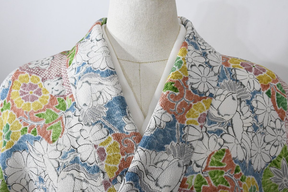 小紋 着物 袷 鶴 菊 道長文様 ちりめん 身丈159cm 裄丈66cm ★ kb-6862 桜庭呉服店拍卖