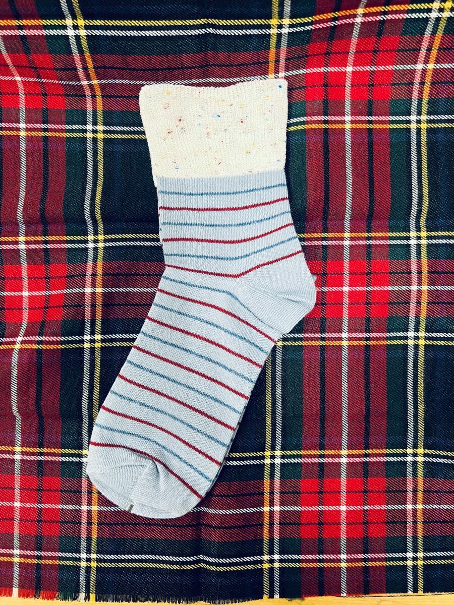 日本製 履き口ゆったり シルクコットン靴下 水色ボーダー拍卖