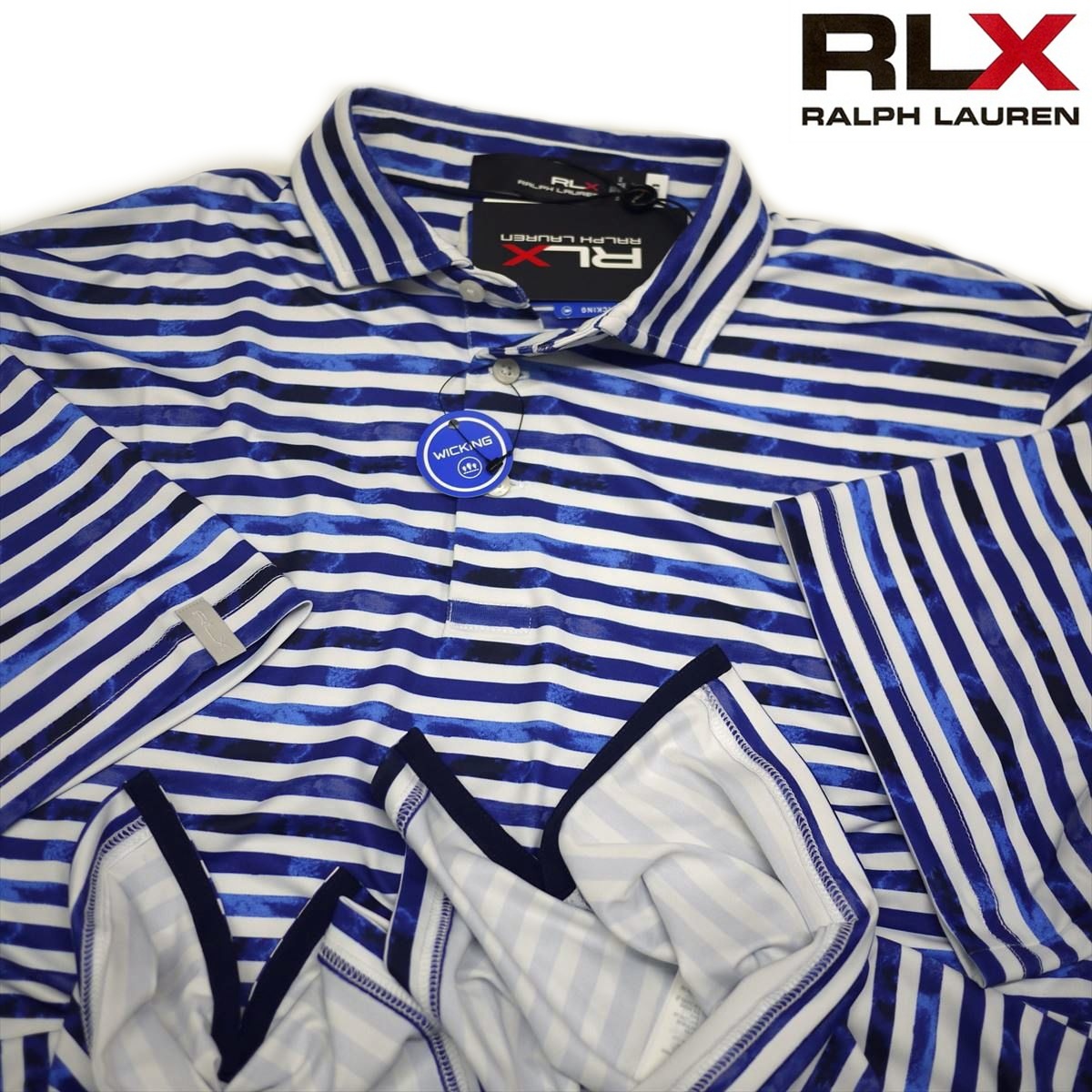 新品 RLX ラルフローレン 半袖ポロシャツ (L) 白x青 吸湿発散&ストレッチ ゴルフ・スポーツ最適!RALPH LAUREN /fa5拍卖
