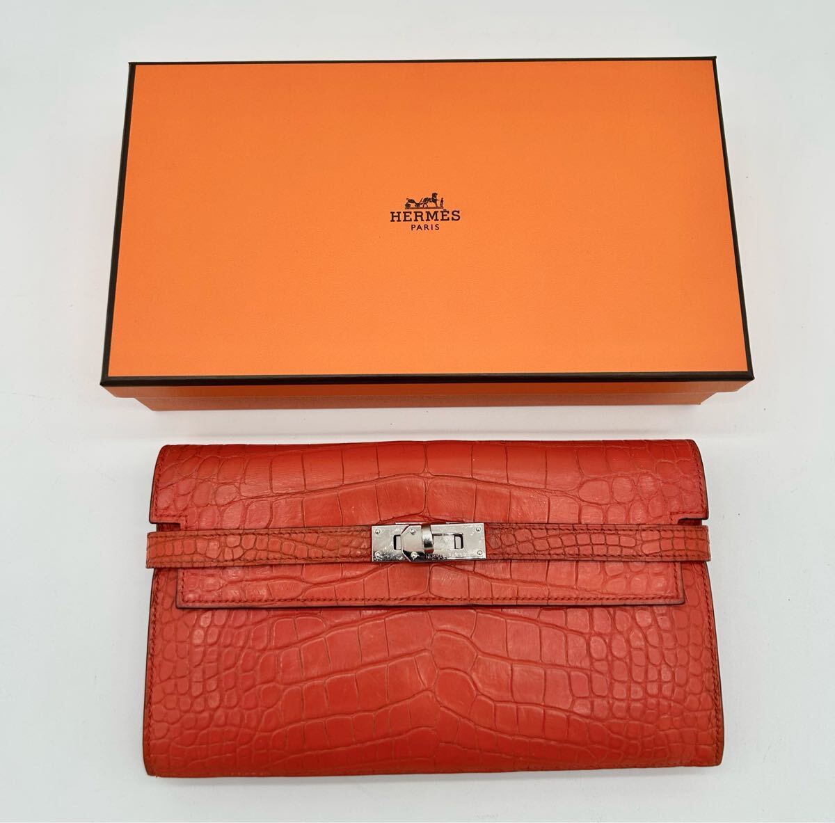 HERMES エルメス ケリーウォレット アリゲーター オレンジマット シルバー金具 X刻印 長財布 ウォレット 拍卖