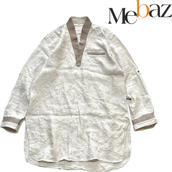 1点物◆MEBAZグランパーシャツ珍品プルオーバーリネンシャツ古着メンズXLレディースOKアメカジ90sストリート/スポーツUSブランド長袖349055拍卖