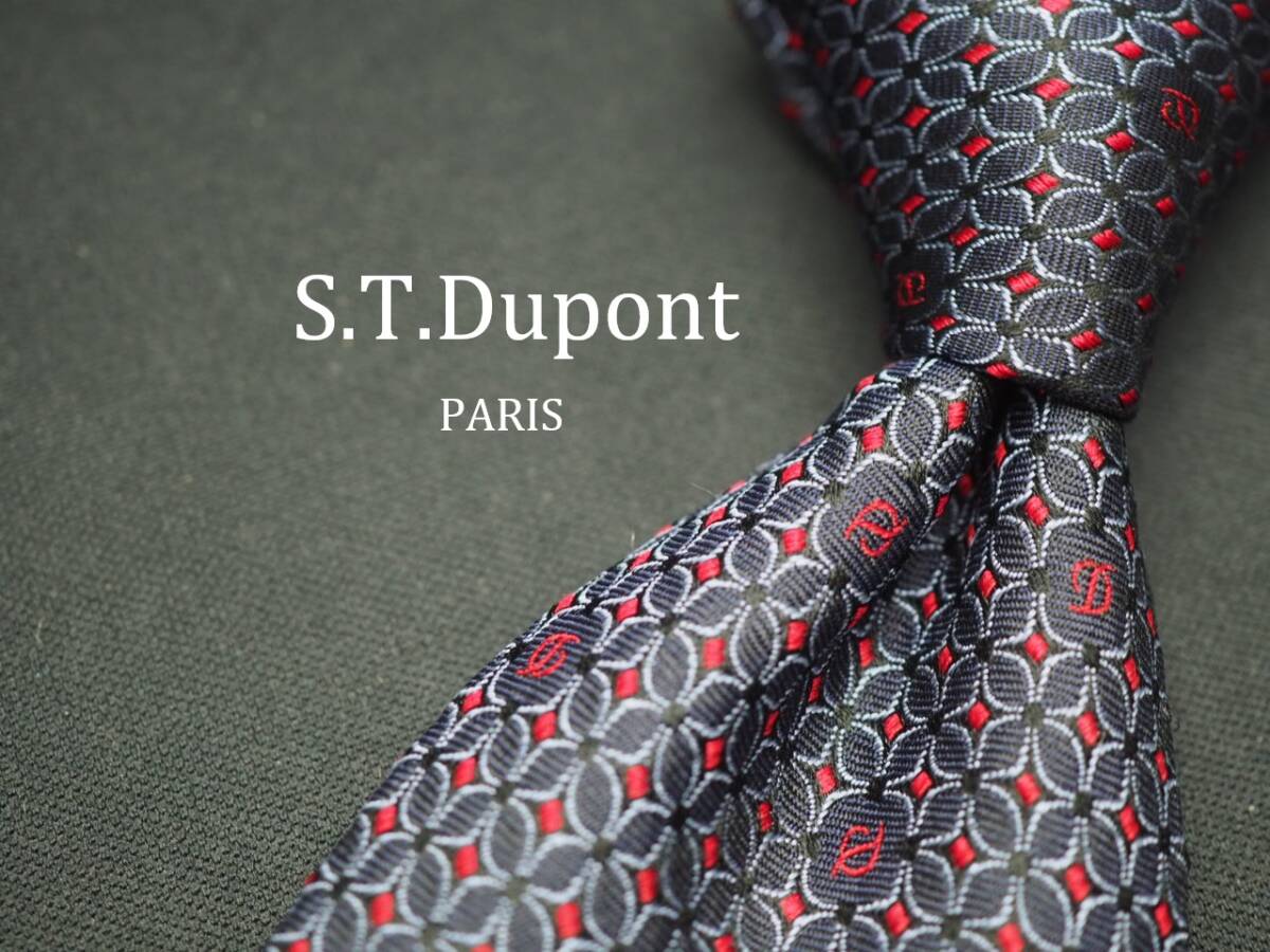 美品【S.T.Dupont デュポン】 E1278 ロゴ ネイビー 赤系 SILK ブランド ネクタイ 古着 良品拍卖