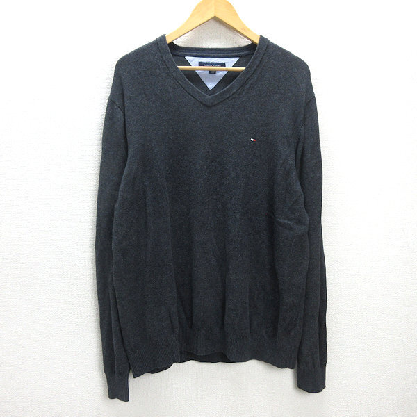 H■トミーヒルフィガー/TOMMYHILFIGER Vネックコットンニットセーター【XL】灰色/MENS■57【中古】拍卖