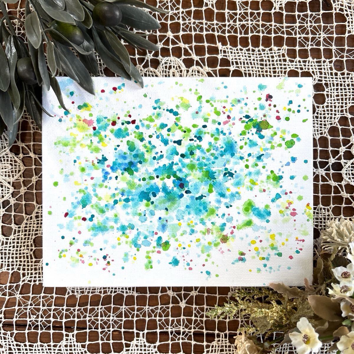 雫猫 nyago 水彩画 抽象画 青 黄緑 スパッタリング 絵 絵画 イラスト 手描き 画家 真作 原画 美術 インテリア アート 額装 透明水彩 拍卖
