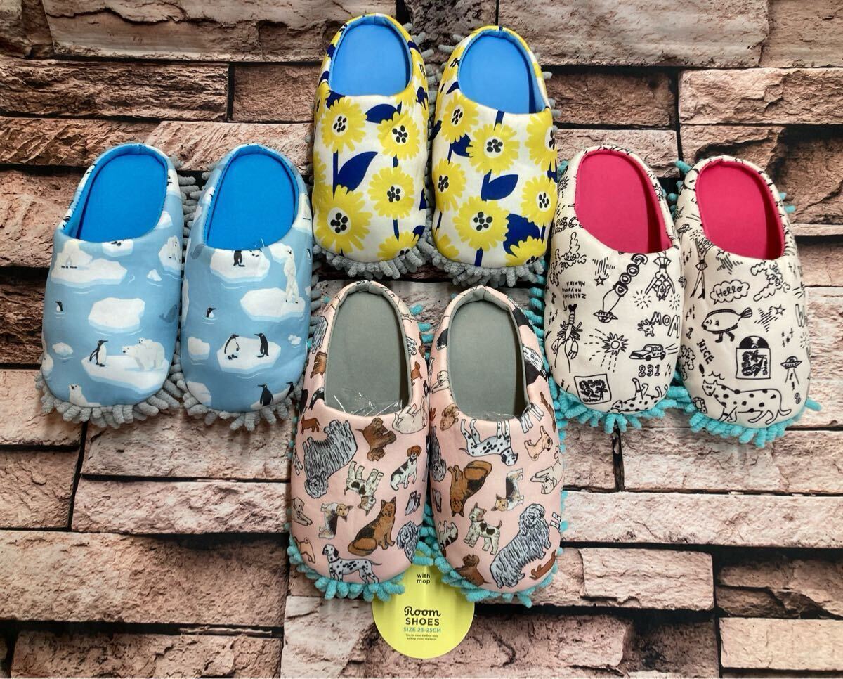 送料無料!可愛いファンシー柄!足裏モップ付きルームシューズA柄(画像から)1足 拍卖