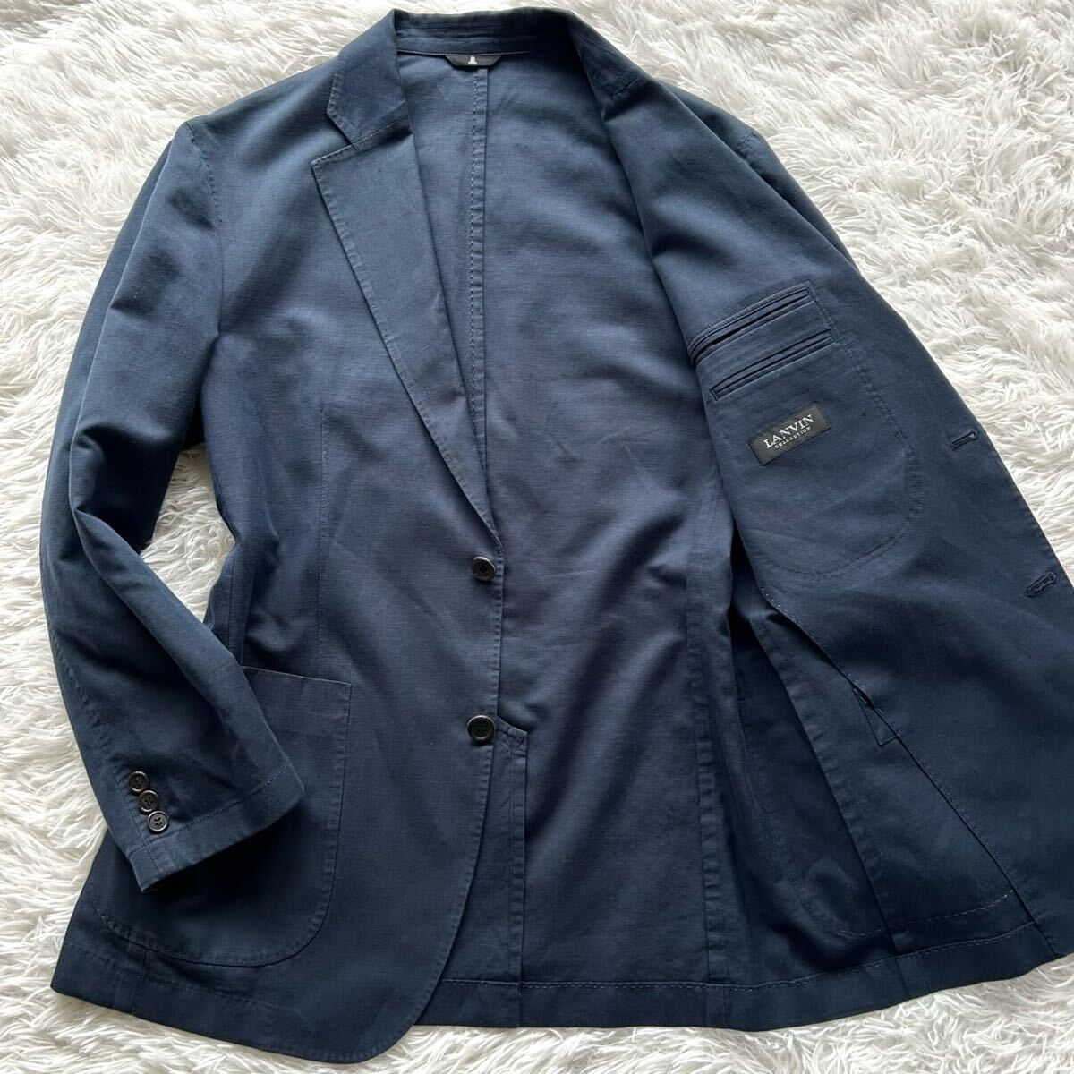 美品●希少Lサイズ●LANVIN COLLECTION ランバンコレクション テーラードジャケット 麻 リネン混 サマージャケット 春夏 ネイビー L拍卖