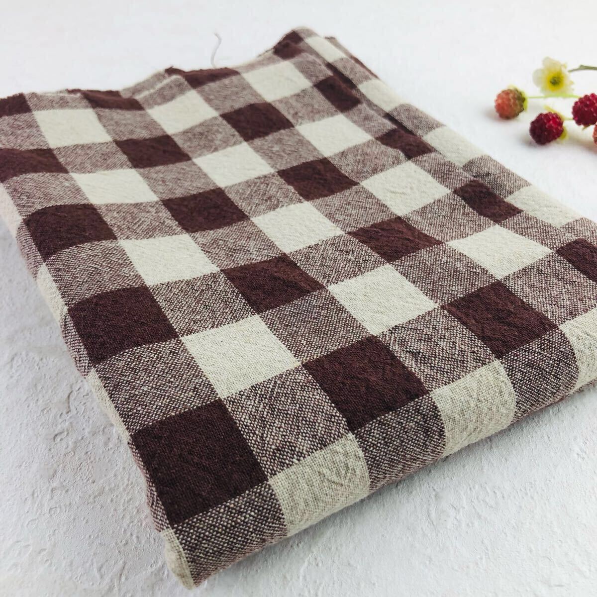 はぎれ コットンリネン ワッシャー 生地 ブロックチェック 綿麻102×45 ブラウン拍卖