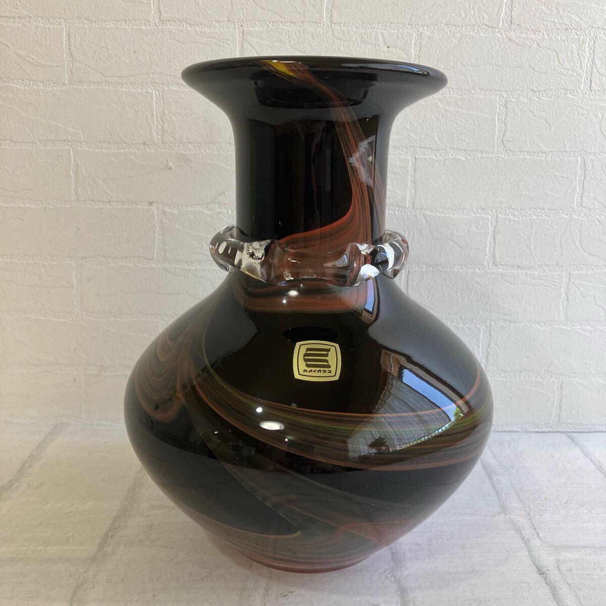 未使用品 KAMEI GLASS カメイガラス 飾り壺 花瓶 モダン レトロ ヴィンテージ 黒 高さ25cm 質量2㎏ 工芸ガラス フラワーベース 花器拍卖