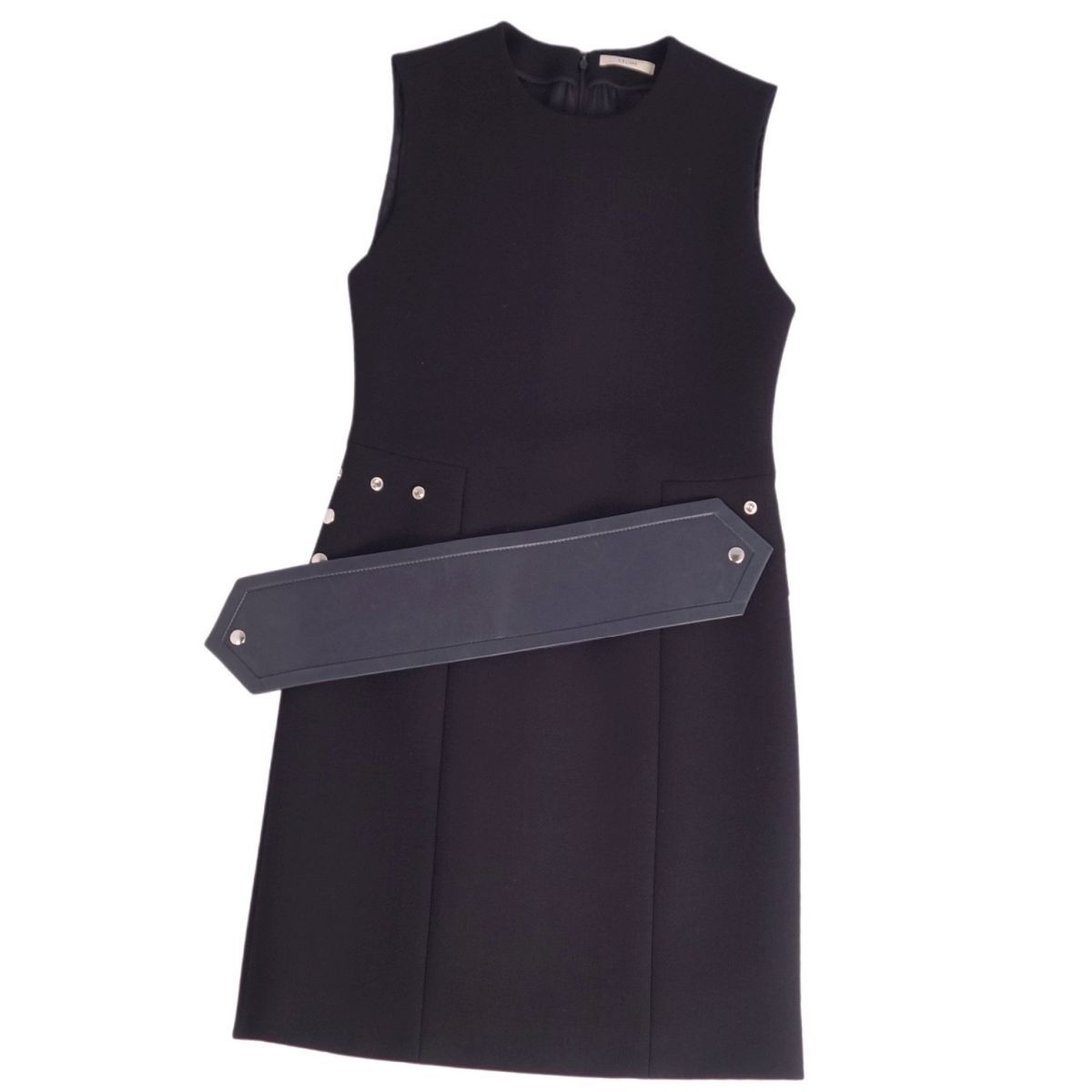 美品 セリーヌ CELINE ワンピース フィービー期 ノースリーブ レザーベルト ウール トップス レディース 36(S) ブラック ce04os-rm07e30580拍卖