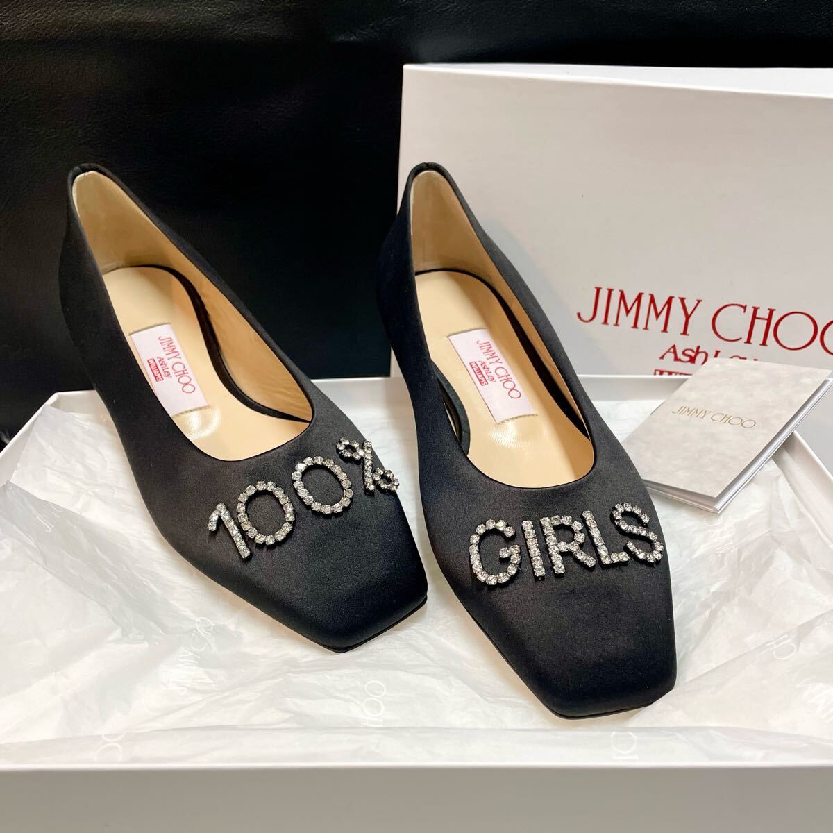 限定コラボ品 JIMMY CHOO X ASHLEY WILLIAMS BLACK SATIN & CRYSTAL 100% GIRLS HEATHER FLAT PUMPS 35 1/2 ジミーチュウ パンプス拍卖