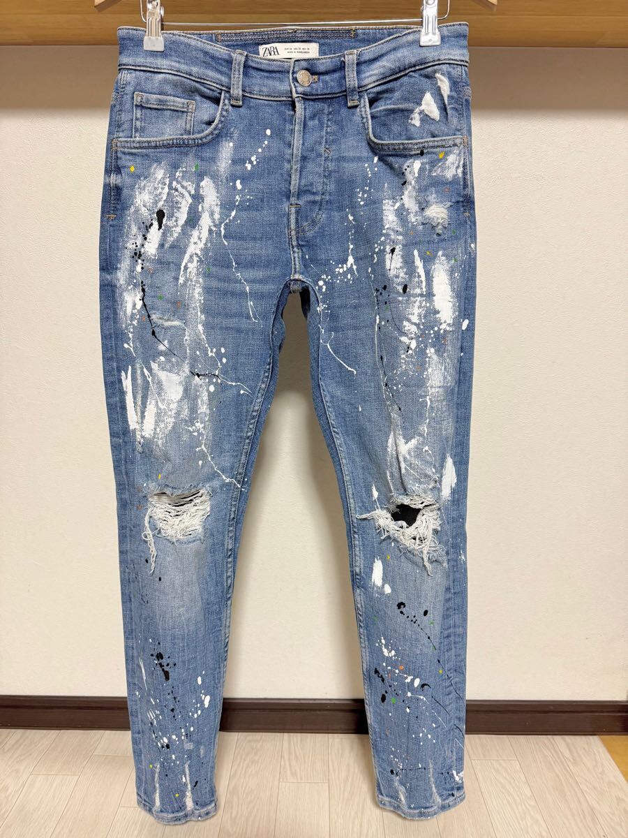 春夏カラー ペイント ZARA MAN ダメージ デニム 送料230円 38 30 メンズ スキニー ストレッチ ジーンズ ジーパン パンツ クラッシュ拍卖