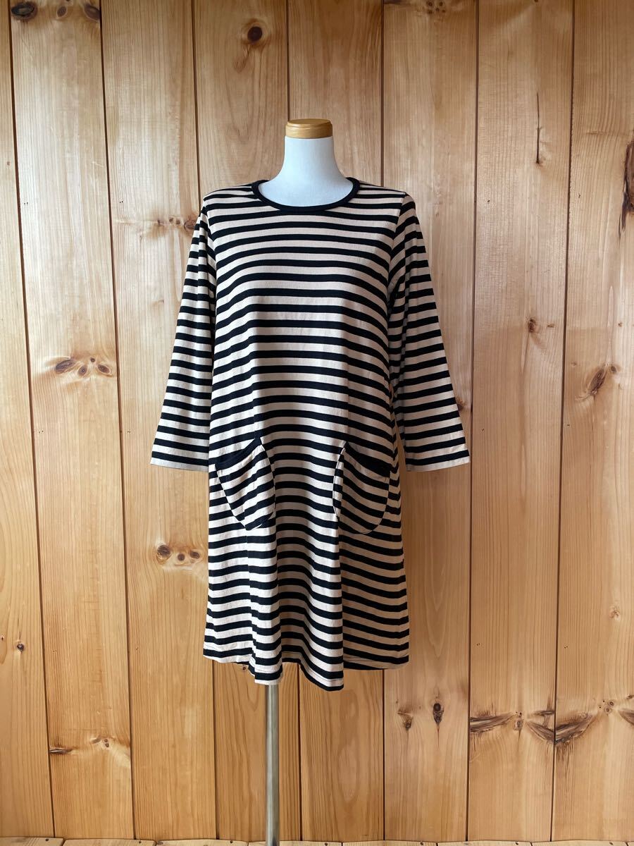marimekko/マリメッコ/ワンピース/ボーダー/8分袖/ひざ丈/160/SM/ブラック×ベージュ/コットン/ポケット/フィンランド製/良品美品拍卖