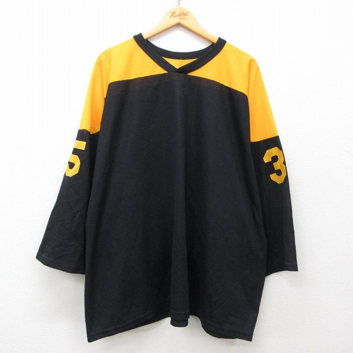 XL/古着 長袖 ビンテージ フットボール Tシャツ メンズ 90s 35 ツートンカラー 大きいサイズ Vネック 黒 ブラック ユニフォーム ゲームシャ拍卖