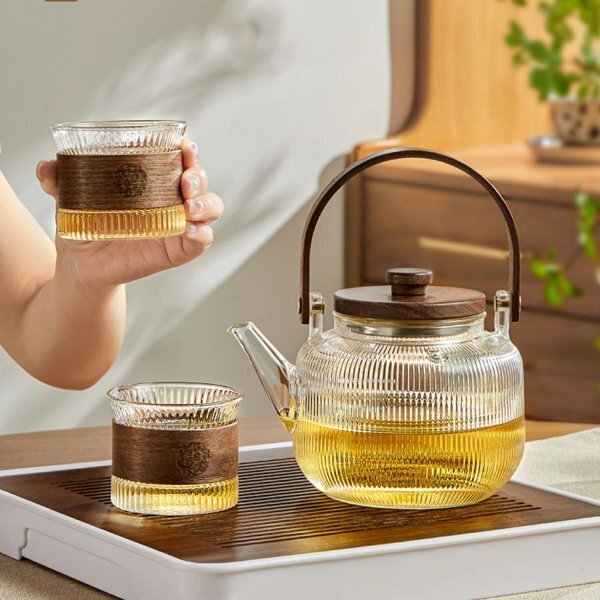 ガラスティーポット 900ml 6点セット ガラスケトル 耐熱 ガラス 木 ティーポット 湯沸かし 手作り 紅茶ポット ガラス 急須 茶芸 花茶拍卖