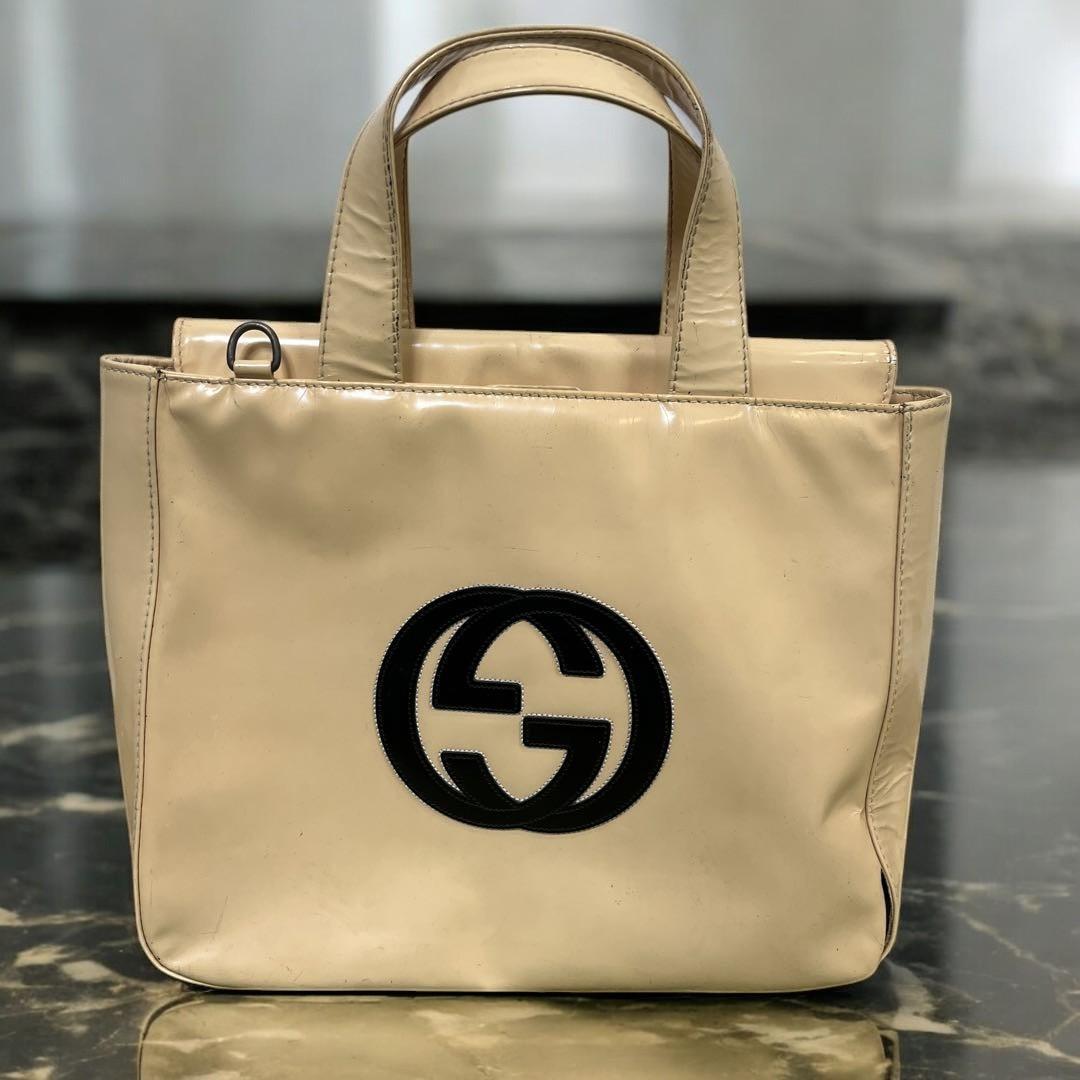 GUCCI グッチ ハンドバッグ エナメル GUCCI グッチ トートバッグ GGロゴ ベージュ パテント 正規品 レディース 人気拍卖