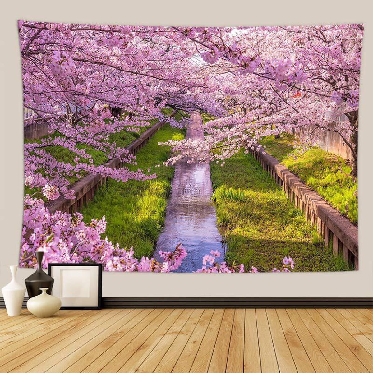 タペストリーE06 桜満開 花見 川辺 春 ピンク 絶景 撮影背景拍卖