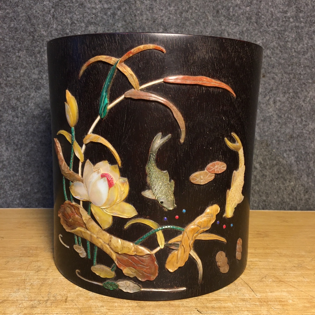 唐物 清 乾隆年製 紫檀 百宝 モザイク 筆立て 筆道具 文房具 置物 木製 極細工 中国美術品 時代物 中国古玩 骨董品 D65拍卖