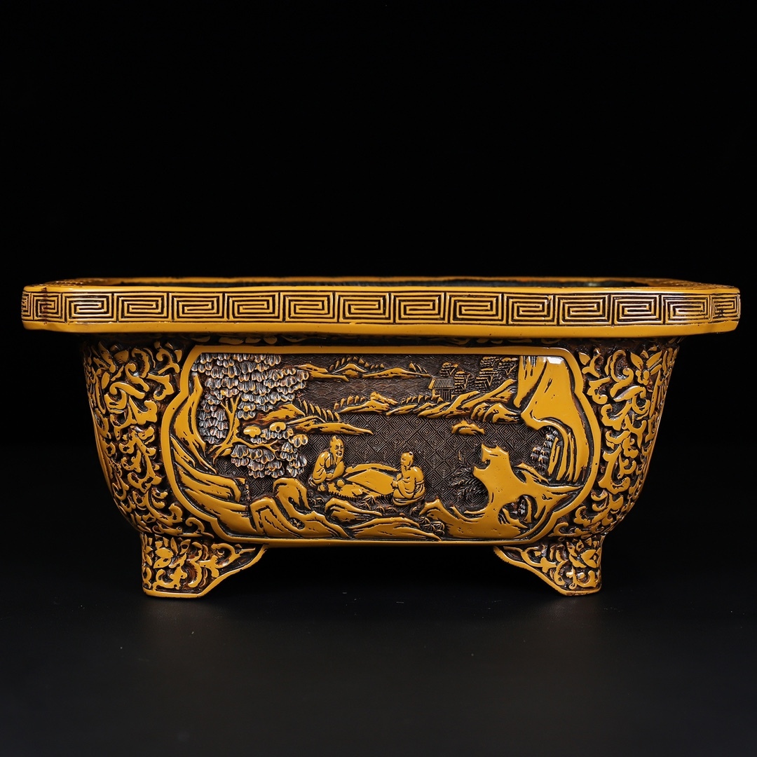 唐物 大清 乾隆年製 剔黄漆器 山水人物圖 花盆 極細工 中国美術品 時代物 中国古玩 骨董品 D65拍卖