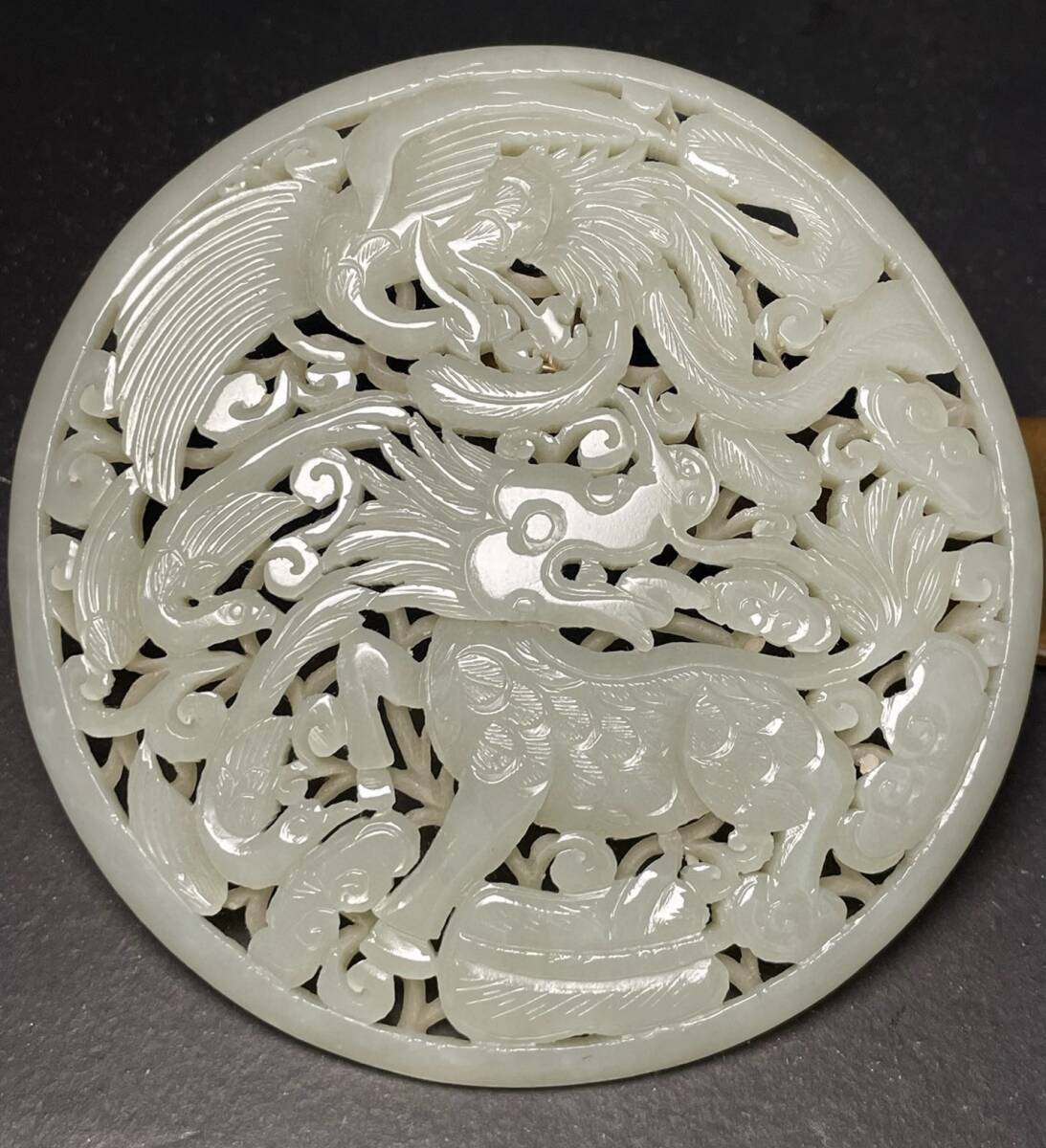 唐物 明清時期 玉彫 和田玉 モザイク玉板 麒麟引鳳 富貴吉祥 工藝精美 繁而不亂 料子細膩温潤 包漿油潤 極細工 中国古玩 骨董品 D65拍卖