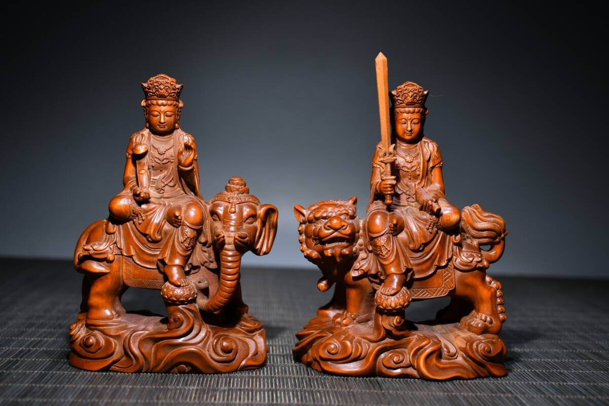 唐物 清 木材細密彫 小葉黄楊の精彫 文殊普賢 天然木 木製 極細工 古美術品 中国古玩 骨董品 D65拍卖