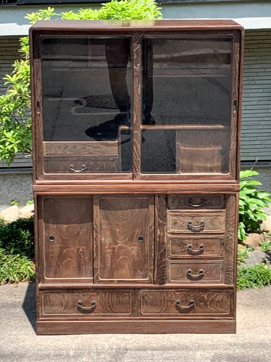 17078/レトロ アンティーク 古い木製ガラス戸棚 食器棚 茶箪笥 古道具 店舗什器 和家具 収納家具 古家具 水屋箪笥 直接取引可拍卖