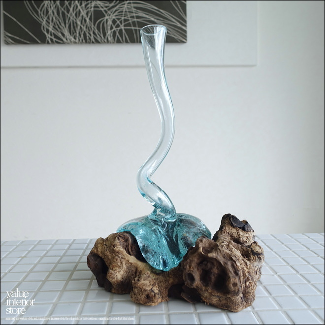 硝子フラワーベースTwis/04 花瓶 プリミティブガラスベース 手作り 一輪挿し 一点物 ハンドメイド 無垢材 自然な様拍卖