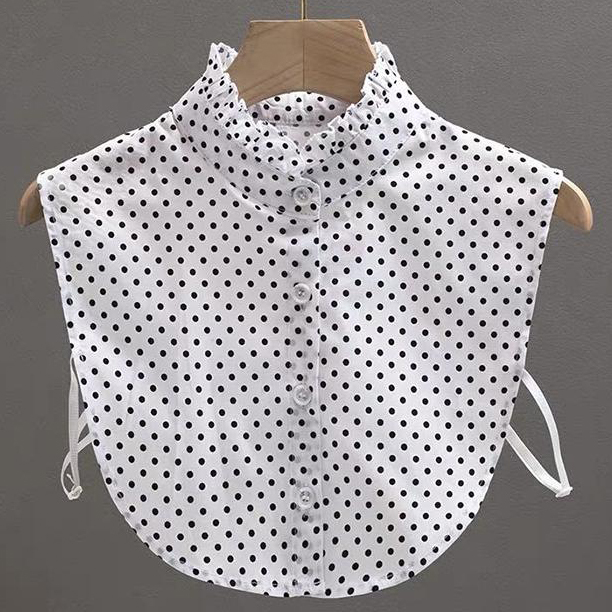 新品 ドット柄のフリル付け襟 つけ襟 ボタン留め ハイネック 白 AA691拍卖