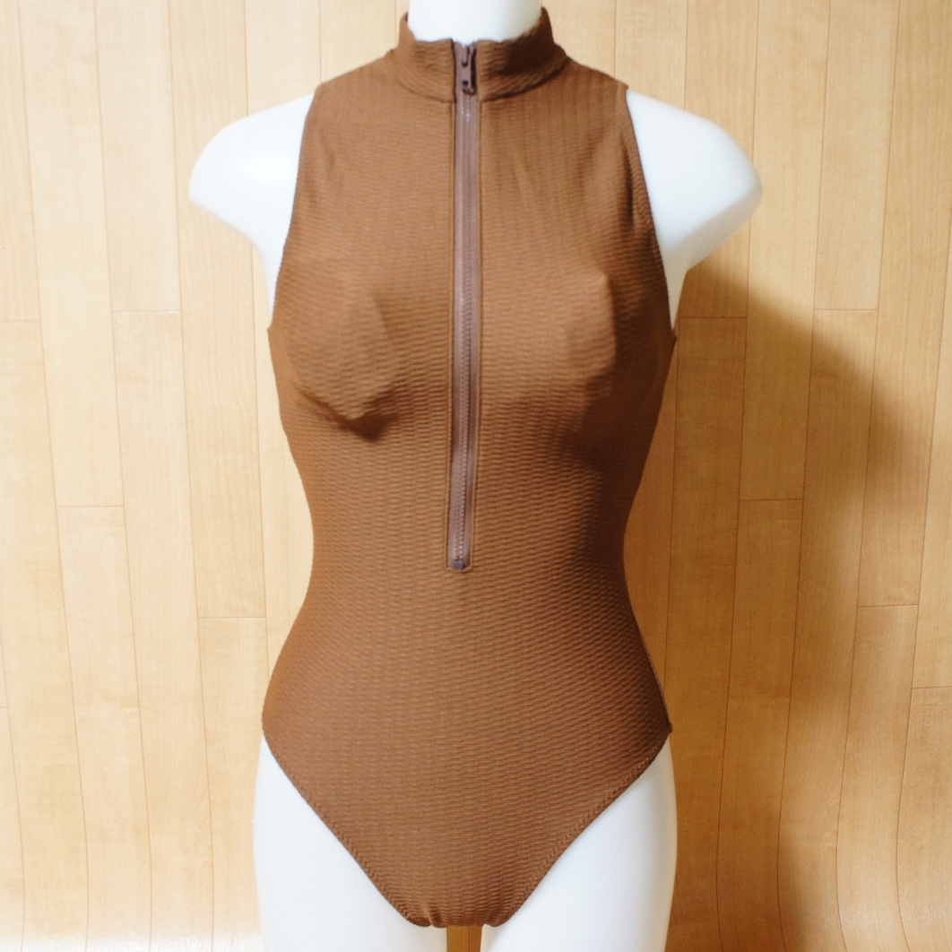 ハイネック ハーフジップぴったりフィット ブラウンレオタード風水着/9M拍卖