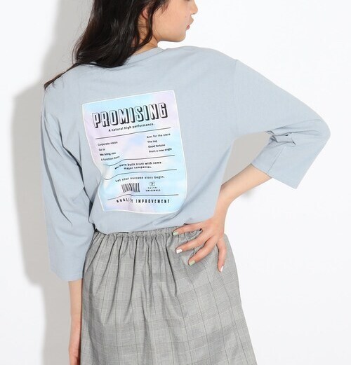 新品 PINK-latte【オーガニックコットン】タイダイ風ビッグワッペン7分袖Tシャツ サックス(090) 14(140cm) 定価2189円拍卖