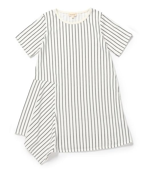 新品 HusHusH イレギュラーヘムワンピース オフホワイト(303)(縦ストライプ) 13(130cm) 定価2750円拍卖