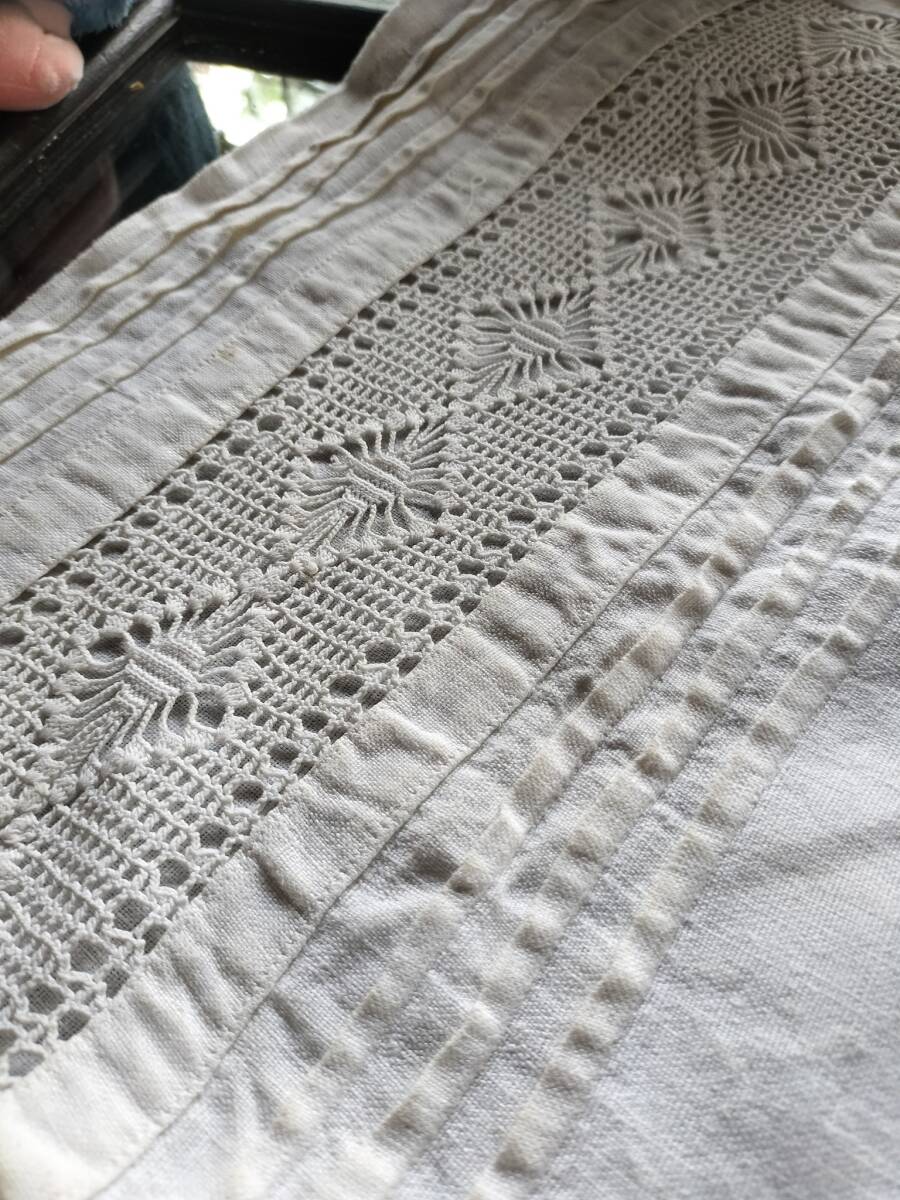 フランス アンティーク リネン コットン レース プリーツ付き 赤ちゃんベッドカバー ナチュラル ベービ―!拍卖