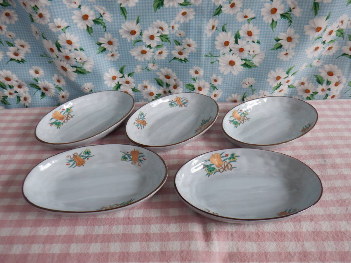 E6『金色の軍配の絵柄 楕円形の小皿~5枚セット 陶磁器 和食器』~箱なし 長期保管品 その2拍卖